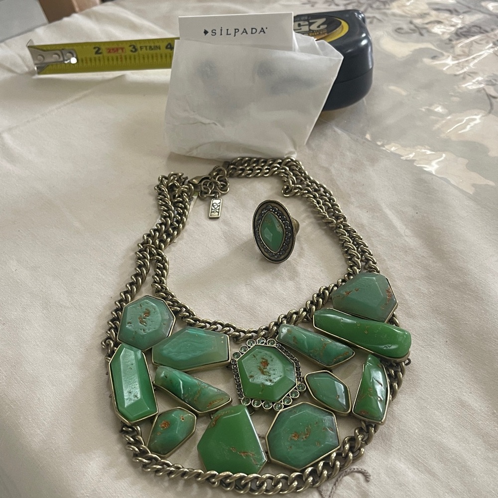 SILPADA. Green Stone And Rhinestone Statement Necklace and Ring Set
